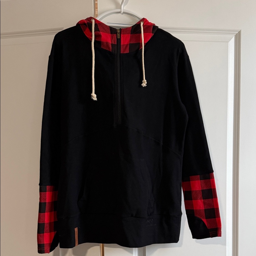 Ambersand Black and Red Plaid Hoodie with thumbholes
